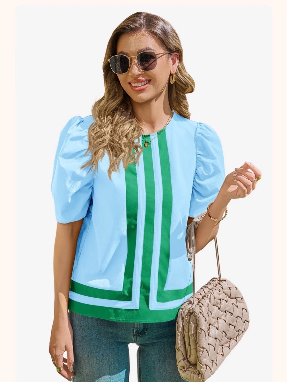 Light Blue Puff-Sleeve Top with Green Geometric Panel